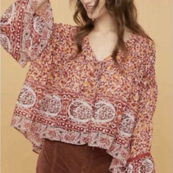 Free People Lorraine Floral Tie Front Blouse - Red and Orange - Picture 2 of 5